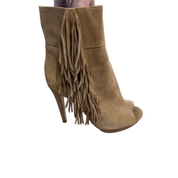 BCBG Tan Suede Open Toe Fringe Western Platform Booties Women Size 7M Cowboy - Picture 1 of 6